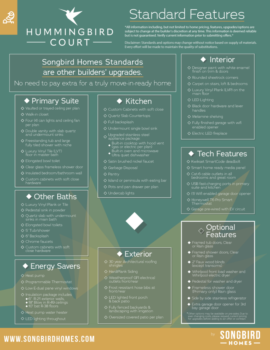 Hummingbird Court Standard Features